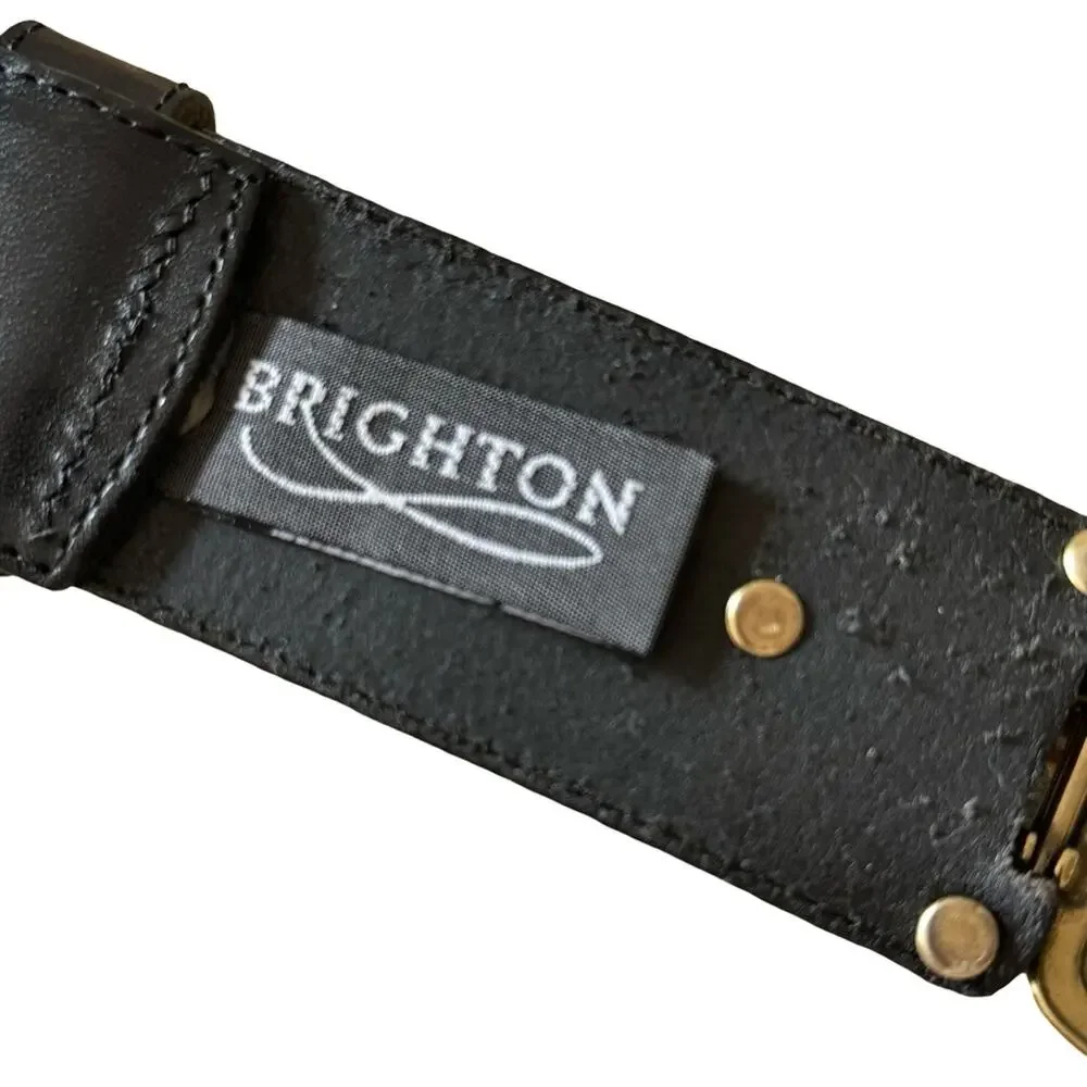 Brighton Black Leather Belt Antique Gold Open Scrollwork Panel Links Size MEDIUM